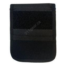 A black leather or nylon notebook cover designed to hold and protect an officer's evidence notebook used law enforcement and security professionals. 